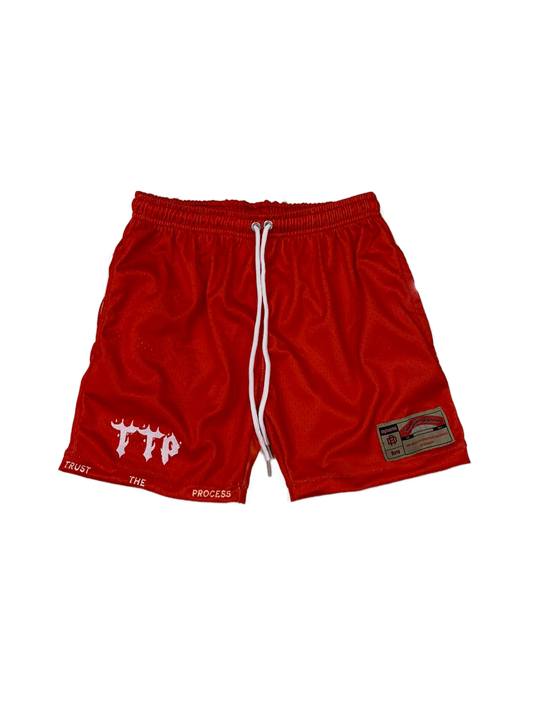 Red 'Trust the Process' shorts